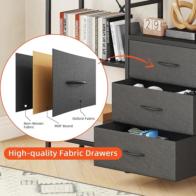 Triple Bookshelf with 3 Fabric Drawers, 5-Tier Book Shelf and 10 Display Shelves, Industrial Large Bookcase for Home & Office, Black, 47'' Wide
