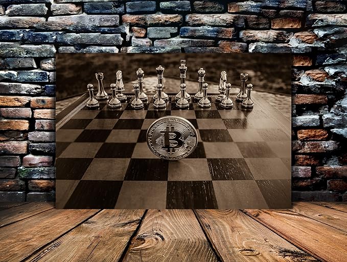 Golden Chess and Bitcoin Canvas Wall Art Motivational Life Quote Game Bitcoin Wall Art Poster Canvas Posters and Prints Pictures Chess Office Wall Decor, Framed 36x24 inch