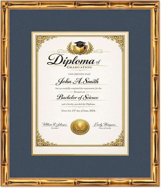 CountryArtHouse Diploma Frame Fits 11 x 14 College Diploma (Portrait) - Keepsake Graduation Display Gold Bamboo Genuine Hardwood with Navy Blue Over Metallic Gold Double mat
