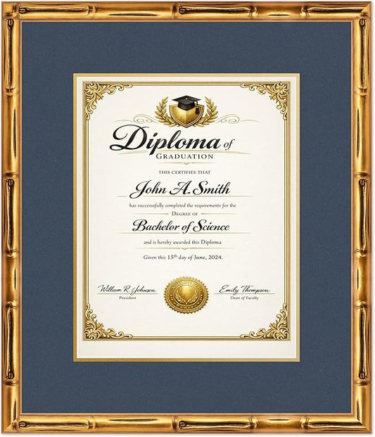 CountryArtHouse Diploma Frame Fits 11 x 14 College Diploma (Portrait) - Keepsake Graduation Display Gold Bamboo Genuine Hardwood with Navy Blue Over Metallic Gold Double mat