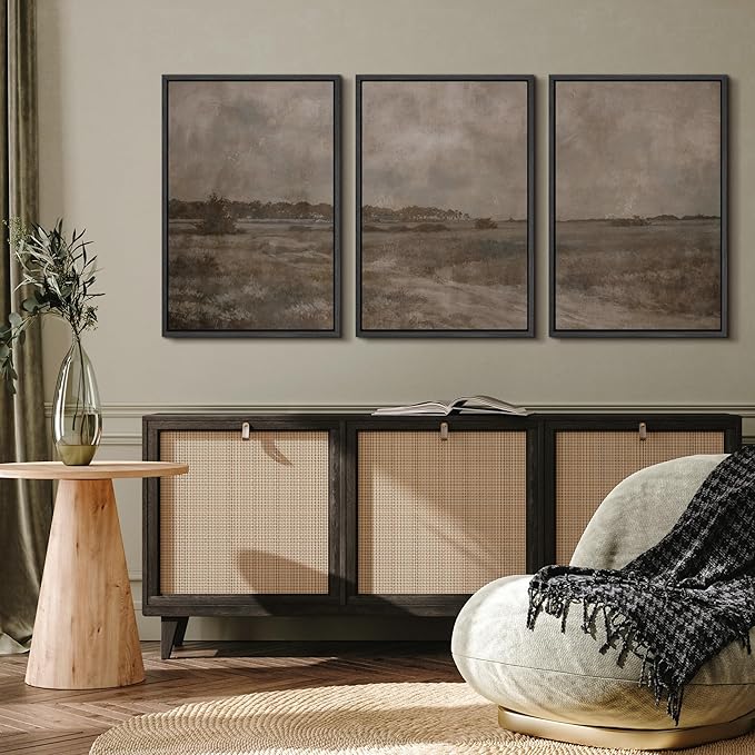 MUDECOR Framed Wall Art Print Set Vintage Neutral Countryside Landscape Rustic Field Path and Distant Trees Illustrations Modern Art Boho Decorative for Living Room, Bedroom, Office - 24"x36"x3 BLACK