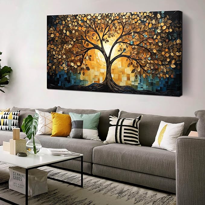 SKYRISE Abstract Tree Canvas Wall Art, Modern Colorful Decorative-Pictures with Gold Yellow and Blue Leaves Printed Painting Artwork Wall-Decor for Living Room Bedroom Office, Large Size 59x29 Inches