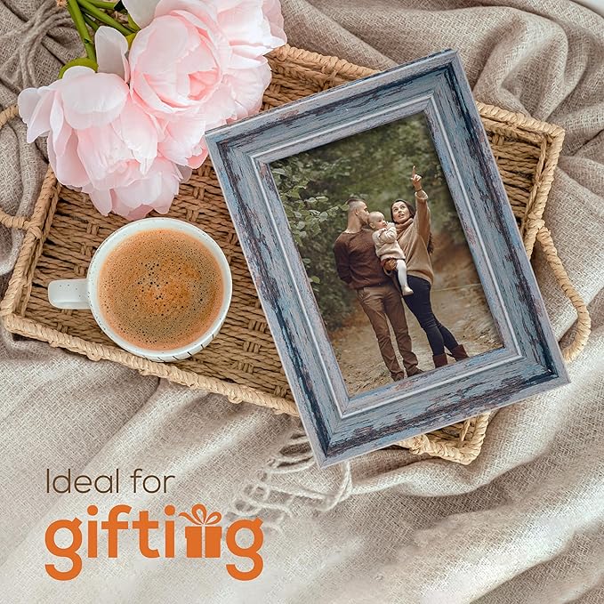 Weathered Picture Frame, Distressed Wooden Look for Wall or Tabletop Display, Lightweight Photo Frame with Glass Cover, 4" x 6", Gray
