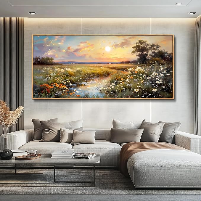 hyidecorart Wood Framed Wall Art For Living Room Farmhouse Bedroom Wall Painting Natural Scenery Wall Decor Artwork For Office Flowers And Trees Abstract Pictures Canvas Prints Hanging Decor 72x32