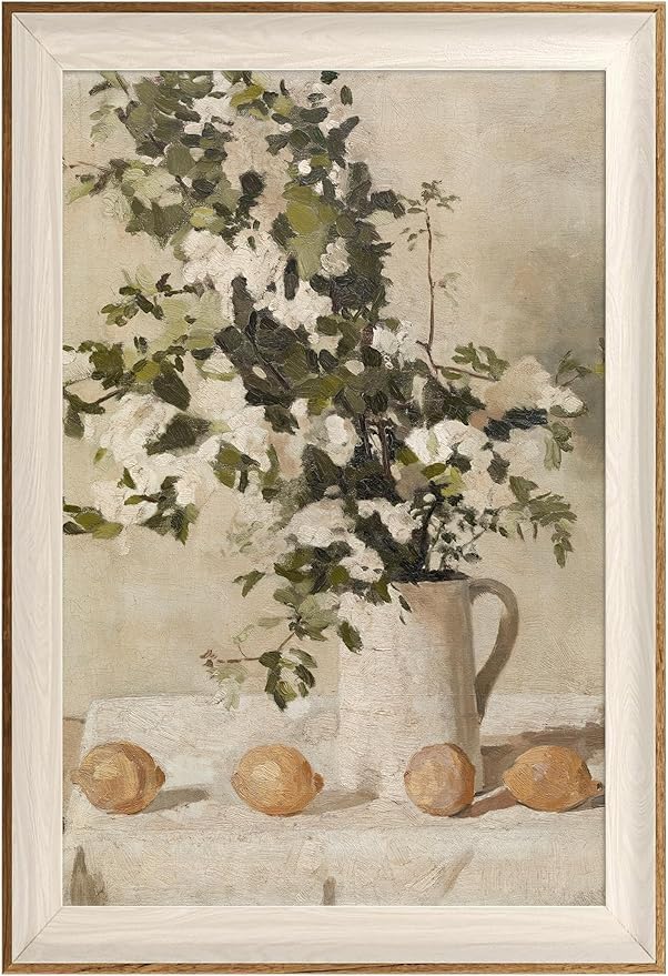 ASTRDECOR Framed Vintage Wall Art, Farmhouse Wall Decor White Flowers Canvas Oil Painting, Vintage Kitchen Decor Floral Wall Art Lemon Botanical North Art Prints for Kitchen Bedroom - 16''x 24''