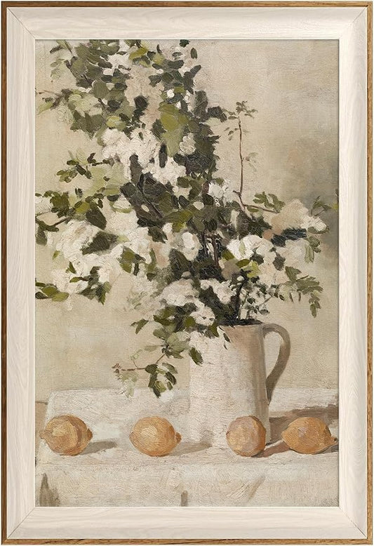 ASTRDECOR Framed Vintage Wall Art, Farmhouse Wall Decor White Flowers Canvas Oil Painting, Vintage Kitchen Decor Floral Wall Art Lemon Botanical North Art Prints for Kitchen Bedroom - 16''x 24''