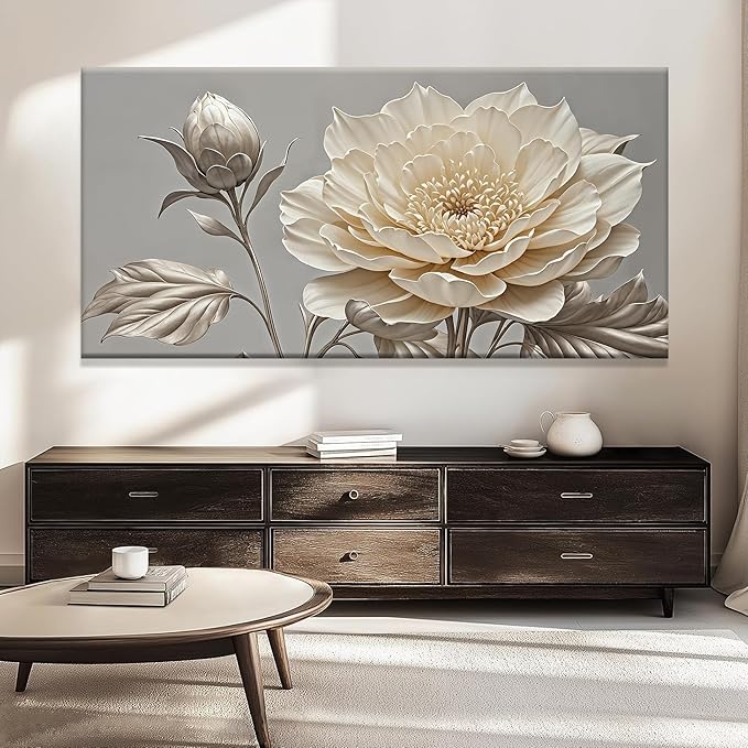 QSQ Large Wall Art Living Room Home Wall Decor Modern Canvas Art Wall Decor 29 X 58 Inches White Painting Print Elegant Silver White Flower Wall Art Picture For Bedroom Office Decoration Artwork