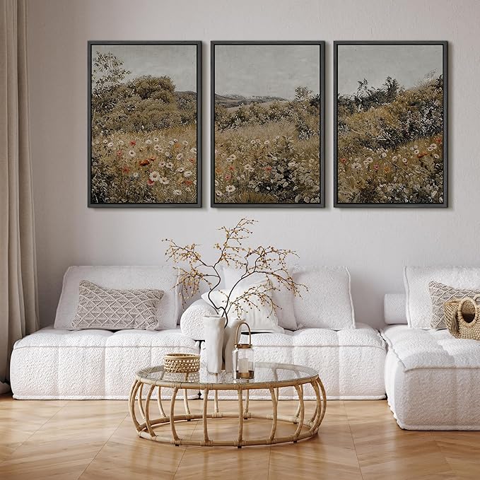 SIGNFORD Framed Wall Art Print Set Summer Wildflower Lush Floral Landscape Illustrations Modern Decorative Multicolor Relax/Calm Chic for Living Room, Bedroom, Office - 16"x24"x3 Black