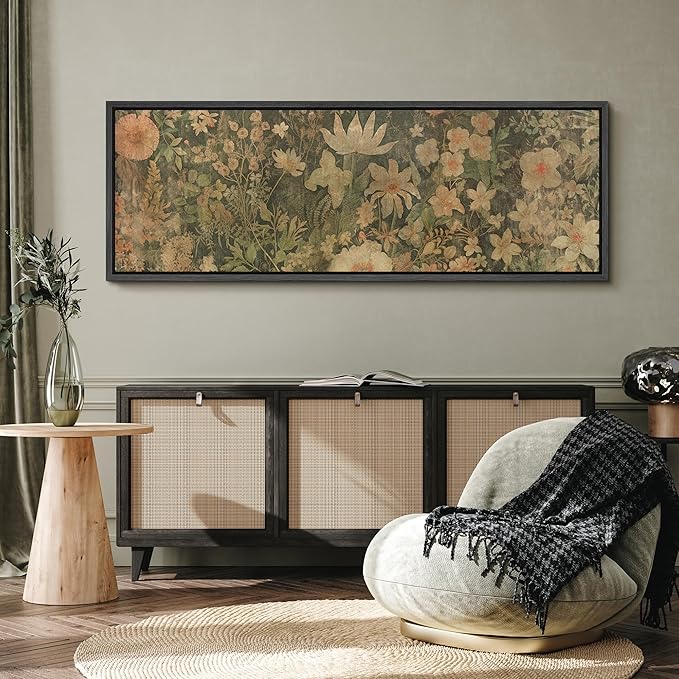 SIGNFORD Large Framed Canvas Botanical Garden in Muted Earth Tones Vintage Floral Illustrations Modern Art Calm Warm for Living Room, Bedroom, Office - 60"x20"