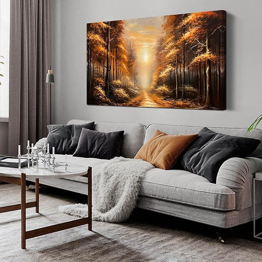 Large Wall Art for Living Room Bedroom Office Gold Forest Artwork Sunrise Landscape Nature Pictures Modern Wall Art Framed Canvas Prints 24x48 Inch