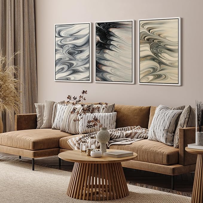 SIGNFORD Framed Wall Art Print Set Neutral Marble Swirl Abstract Elegant Fluid Pattern Digital Art Modern Art Contemporary for Living Room, Bedroom, Office - 24"x36"x3 WHITE