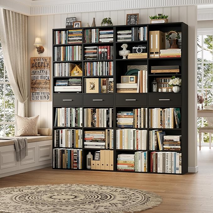 HOSTACK 73" Tall Bookshelf with Drawers, 7-Tier Black Bookshelf with Storage, Double Wide Bookcase with 14 Open Book Shelves, Wood Book Case with Adjustable Shelves for Media CD DVD Storage, Black