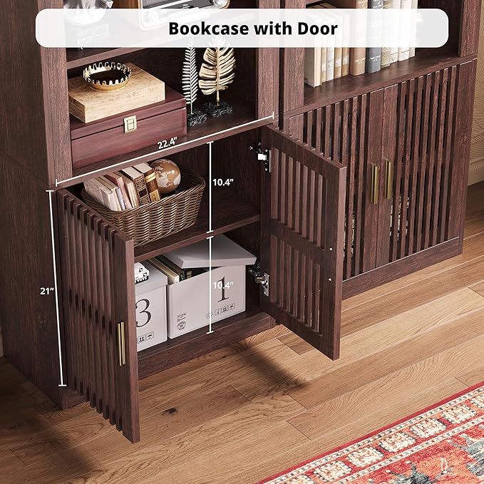 IRONCK Mid-Century Book Shelf, 6-Tier Floor Standing Bookcase with Grille Doors, Tall Storage Shelves for Display & Organizing, Suitable for Home Office, Living Room(Natural Red Walnut)