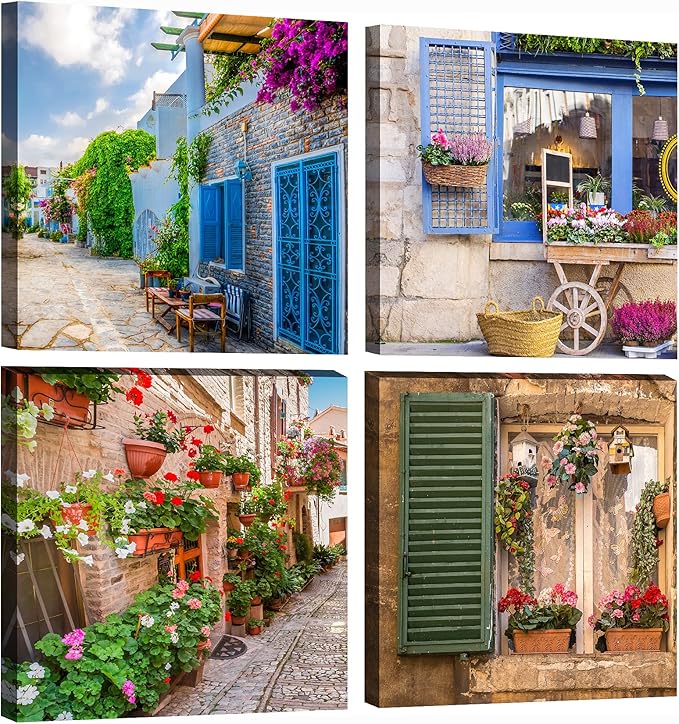 OKEXCKK Tuscan Wall Art Decor, Italy Window View Paintings Nature Landscape Pictures Mediterranean Street Canvas Prints for Bedroom, Living Room, Office Wall Decoration