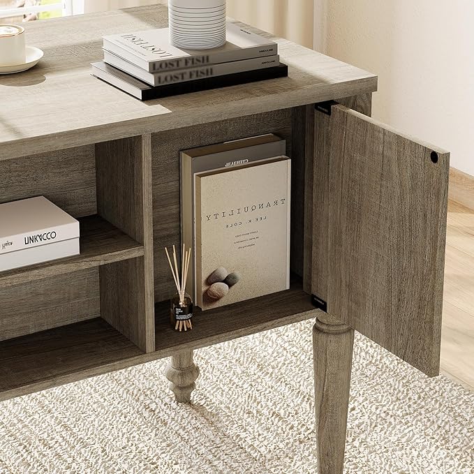 WAMAPT Farmhouse Executive Desk with 5 Drawers, Home Office Desk with Charging Station, Wood Computer Desk with File Cabinet Storage, Door, Open Shelf for Work and Study, Wash Grey, 55 inch