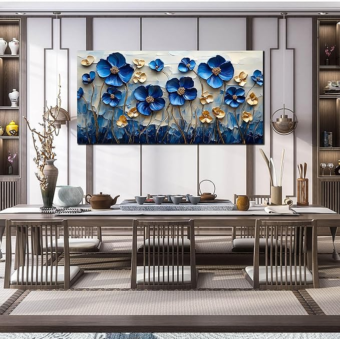 SIXTTART Blue Flower Living Room Pictures Wall Decor - Gold Flower Canvas Wall Art for Bedroom - Modern Large Wall Art for Office Size 29" x 59"