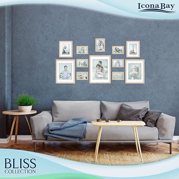Icona Bay - 12x16 Light Oak Picture Frame Fits 11x15 Photos with Mat to 9x12 Image - Modern Style Engineered Wood Poster Frame - Wall Mount Only - Bliss Collection