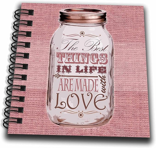 3dRose Mason Jar on Burlap Print Pink-The Best Things in Life are Made with Love-Gifts for The Cook-Mini Notepad, 4 by 4-inch (db_128508_3)