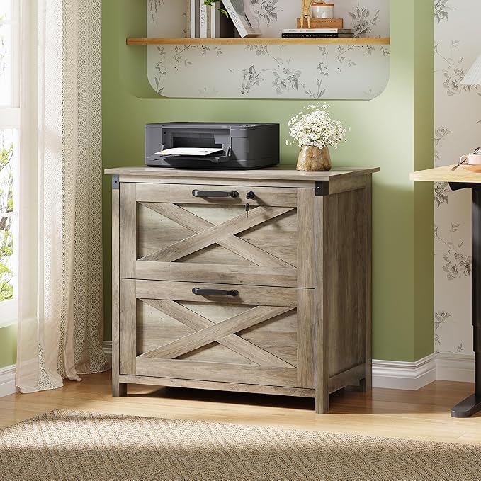 DEVAISE 2 Drawer File Cabinet, Lateral Wood Filing Storage Cabinet with Lock, Farmhouse Printer Stand for Home Office Fits Letter/Legal/A4 Size, Gray Oak