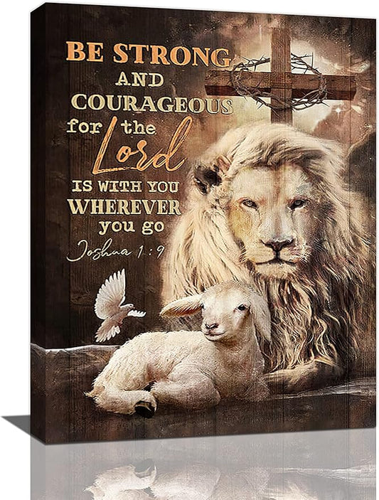 yerretin Lion Of Judah Wall Art Christian Bible Verses Pictures Wall Decor Religious Lamb Lion Canvas Painting Modern Home Artwork for Bathroom Bedroom Office Living Room Framed 12"x16"