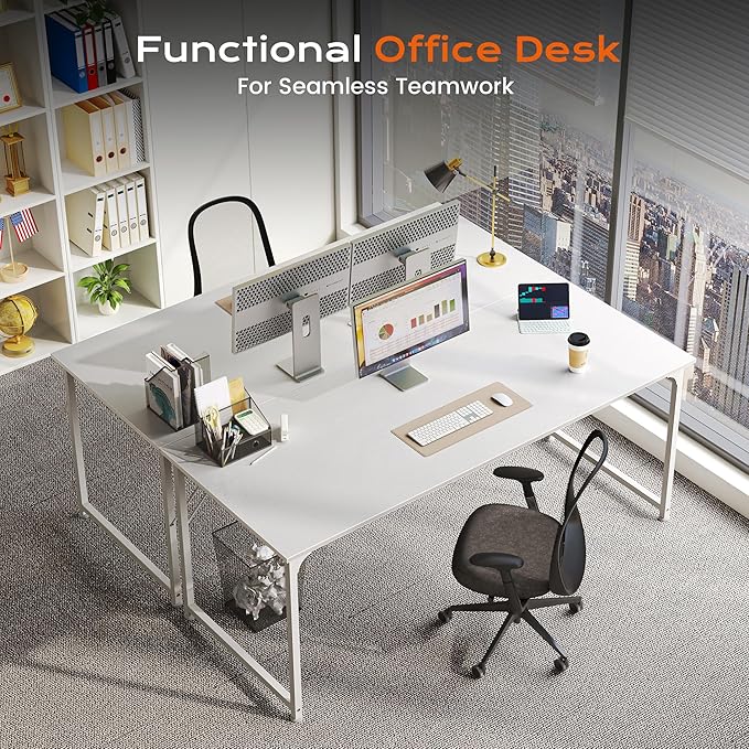 PRAISUN 55 X 24 Inch Computer Desk with Deeper Desktop, Gaming Office Writing Work Desk for Home Office, Study, Bedroom, Work from Home, Metal Frame, White