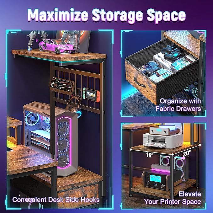 55" Gaming Desk with LED Lights & Outlets,Computer Desk with Drawers & Monitor Stand,Gaming Table with Storage Shelves & Printer Space for Game Room,Study Room,Home Office,Rustic Brown