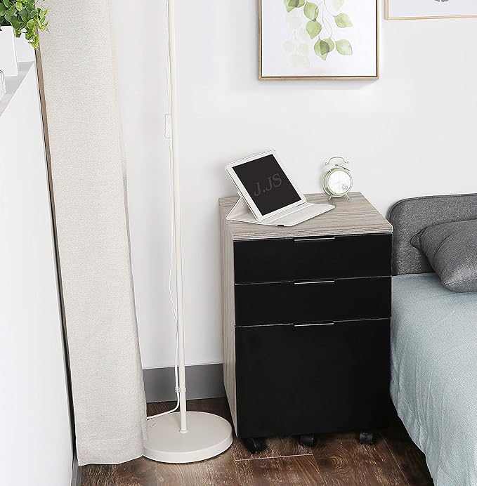 JJS 3 Drawer Rolling Wood File Cabinet with Locking Wheels, Home Office Portable Vertical Mobile Wooden Storage Filing Cabinet for A4 or Letter Size, Black