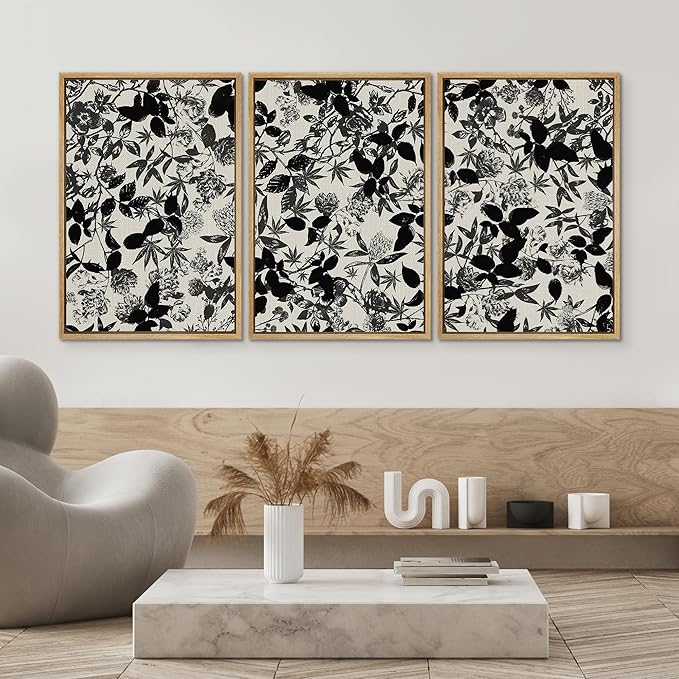 SIGNWIN Framed Canvas Print Wall Art Set Black and White Botanical Collage Monochrome Floral and Leaf Illustrations Modern Art Decorative Abstract for Living Room, Bedroom, Office - 24"x36"x3 Natural