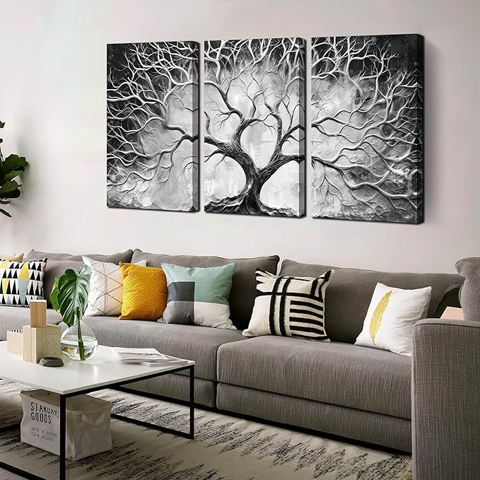 Tree Pictures Wall Art for Living Room - Black and White Canvas Wall Art for Bedroom - Home Office Decor Wall Size 16" x 24" x 3 Pieces