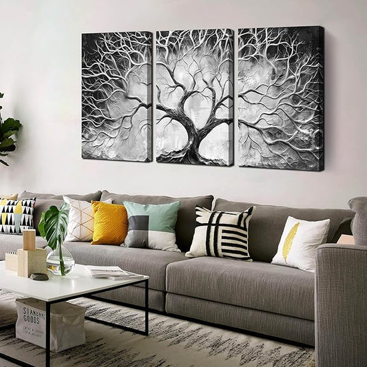 Tree Pictures Wall Art for Living Room - Black and White Canvas Wall Art for Bedroom - Home Office Decor Wall Size 16" x 24" x 3 Pieces
