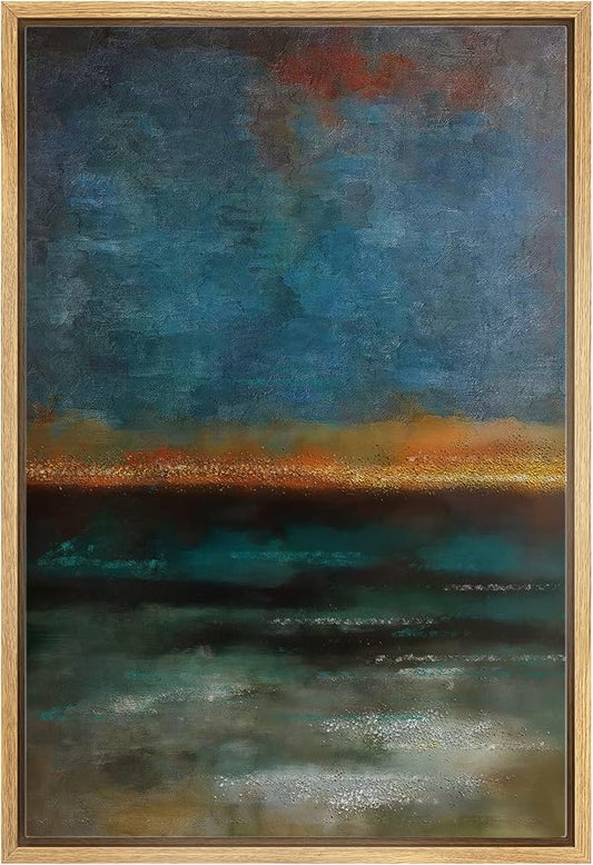 SIGNWIN Framed Canvas Print Wall Art Orange Ocean Horizon at Sunset Abstract Wilderness Illustrations Modern Art Modern Scenic Relax/Calm Ultra for Living Room, Bedroom, Office - 24"x36" Natural
