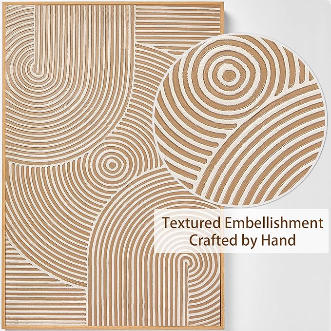 Zessonic Neutral Minimalist Textured 3D Wall Art Abstract Hand-Painted Framed Wall Decor Geometric Artwork Canvas Paintings- Living Room Bedroom Office - Modern Boho Neutral Line 16"x24" 3 piece