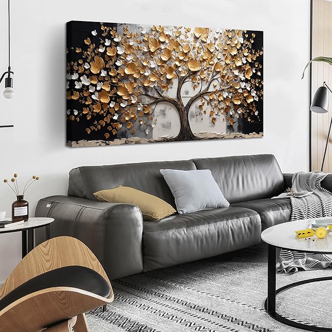 SKYRISE Abstract Gold Tree Wall Art for Living Room, Golden Tree Canvas Wall-Decor for Bedroom, Modern Landscape Decorative-Picture Print Artwork for Office Home, Size 48x24 Inches
