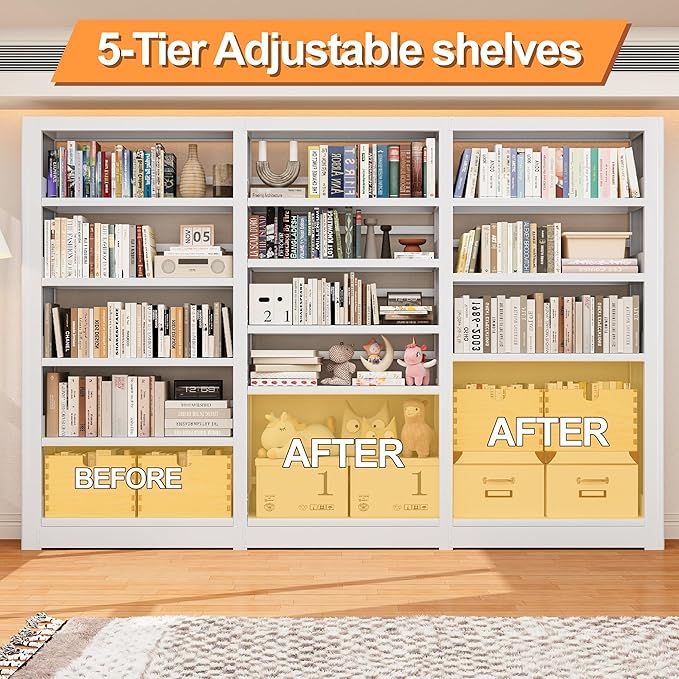 Bookshelf,5-Tier Industrial Bookshelf, White Bookcases and Bookshelves,Tall Bookshelf Storage Organizer,Freestanding Bookshelf for Living Room, Bedroom,Home Office,Metal Bookshelf (White, Bookshelf-3)
