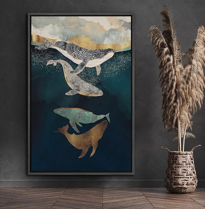 SIGNFORD Framed Canvas Print Wall Art Whales with Dots Under The Blue Sea Abstract Wilderness Illustrations Modern Art Contemporary Scenic for Living Room, Bedroom, Office - 16"x24" Black