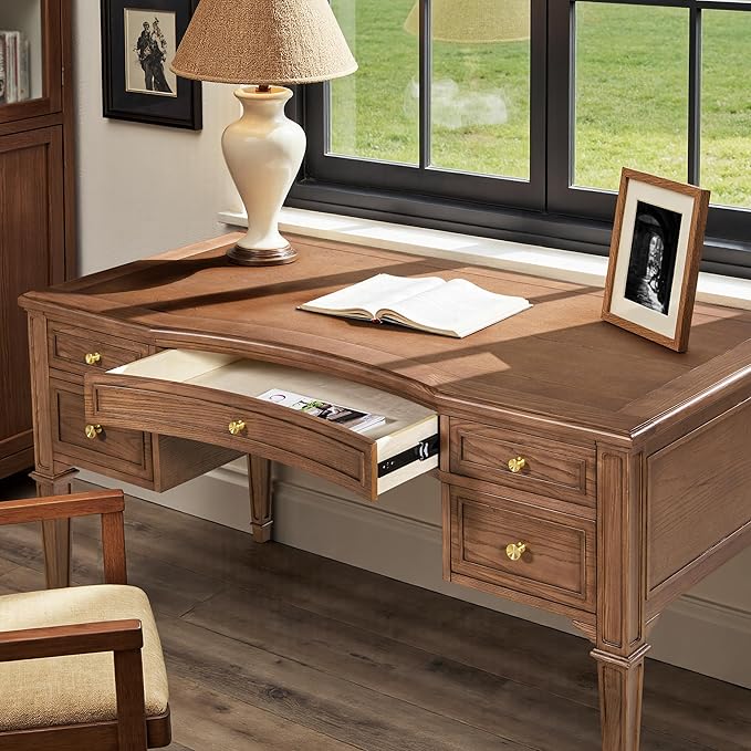 Jennifer Taylor Home JTH Luxe Dauphin Gold Accent 5-Drawer Wood Executive Desk, Natural Brown Ash Wood