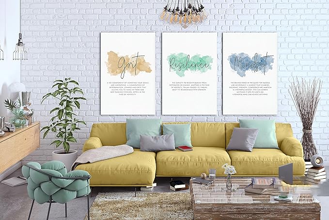 SHMAO Office Canvas Wall Art Motivational Wall Decor, 3 Piece Grit Resilience Mindset Print Pictures for Office Wall Decor Women Inspirational Framed Artwork Home Office Decor 24”x36”x3 Panels