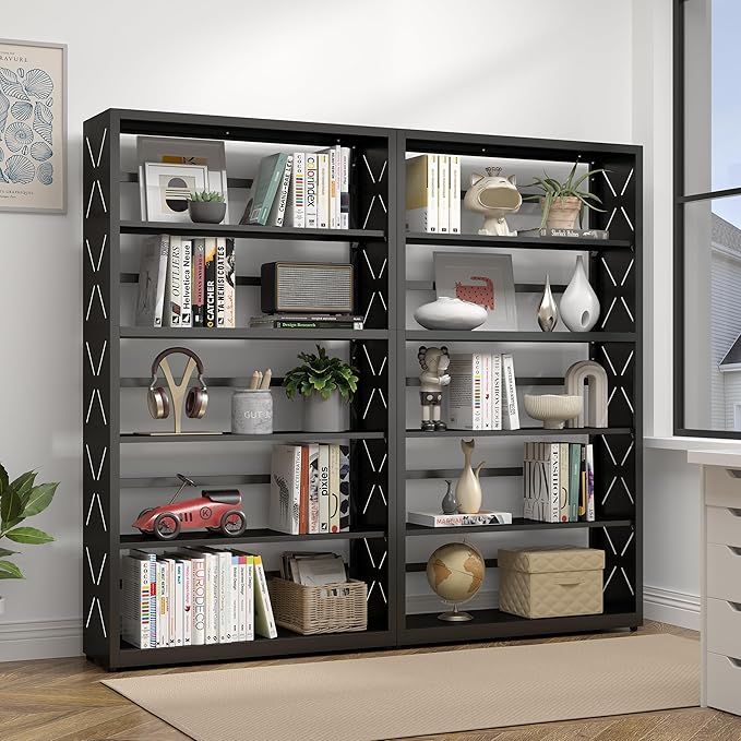 5 Tier Bookshelf, 55"Tall Metal Bookcase with Adjustable Shelves, Modern Display Book Shelf, Black Bookcase Shelf, Utility Shelf, Storage Shelves for Office, Living Room, Kitchen, Study-31"W