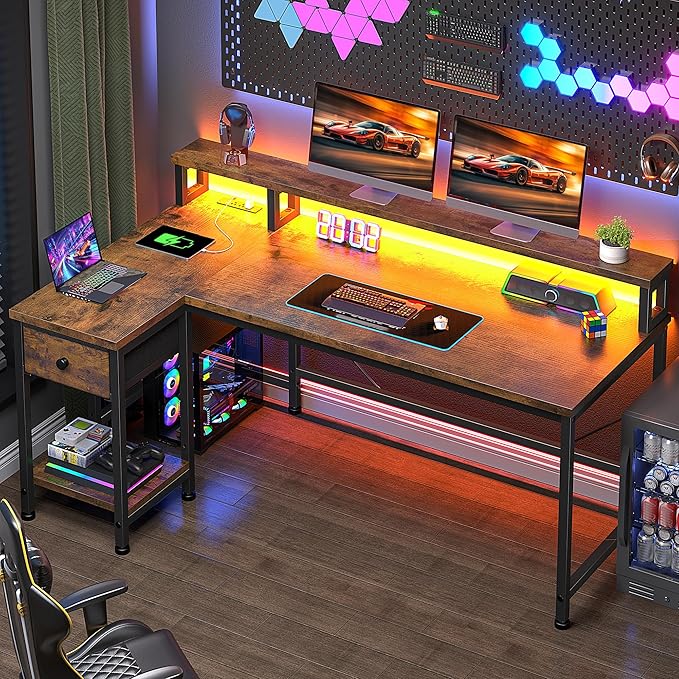48" Gaming Desk with LED Lights, Computer Desk with Power Outlet & Drawer, L Shaped Desk with Monitor Stand for Gaming, Home Office Desk for Study Room, Bedroom, Living Room, Rustic Brown