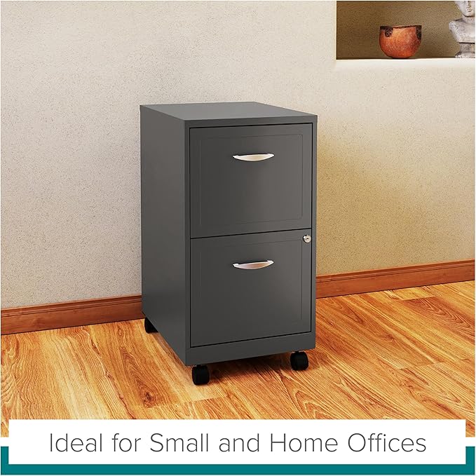Space Solutions - 2 Drawer Fully Assembled Vertical Steel File Cabinet, Home & Small Office Use, Fits Under Most Desks, Letter-Size, Lock, Mobile, Metallic Charcoal