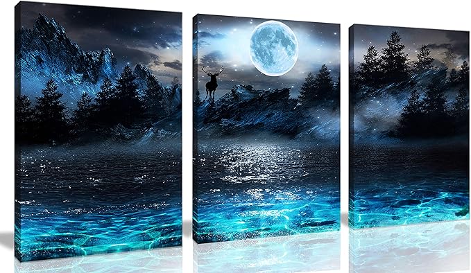 Aburaeart Moon - Deer Ocean Landscape Picture Wall Art For Living Room & Bedroom - 3 Piece Canvas Wall Decor - 16x24 Each Panel