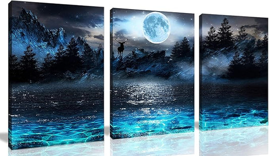 Aburaeart Moon - Deer Ocean Landscape Picture Wall Art For Living Room & Bedroom - 3 Piece Canvas Wall Decor - 16x24 Each Panel