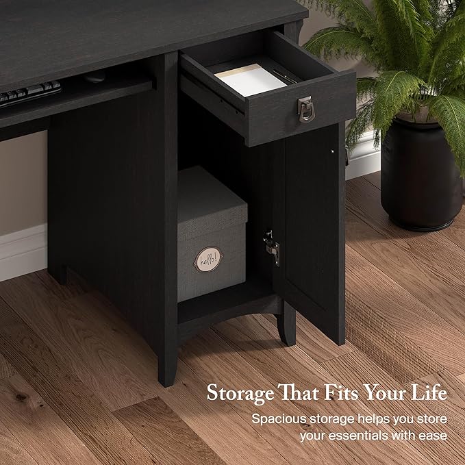 Bush Home Salinas Computer Desk with Hutch | Study Table with Drawers, Cabinets & Pullout Keyboard/Laptop Tray | Modern Home Office Desk in Vintage Black | Work Desk with Storage