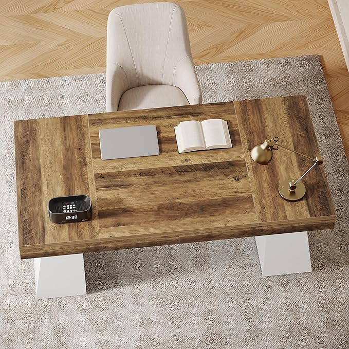 Tribesigns 55" Executive Desk, Wooden Office Desk with Double Pedestal, Modern Simple Computer Writing Table for Home Office, Brown & White