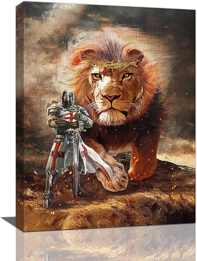 yerretin Christian Lion Of Judah Wall Art Lion Warrior Pictures Wall Decor Religious Knight Canvas Painting Home Decorations Artwork for Bathroom Bedroom Living Room Office Framed 12"x16"