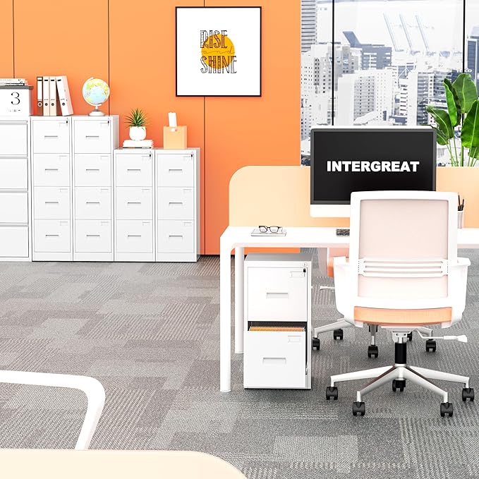 INTERGREAT 4 Drawers File Cabinet with Lock, 18" D Metal White Vertical Filing Cabinet for Hanging Folders, Easy Assemble