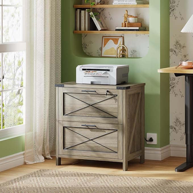 DEVAISE Lateral File Cabinet with Lock, 2 Drawers & Charging Station, Farmhouse Wood Printer Stand with Large Storage, Fits A4/Letter/Legal Hanging Files, Gray Oak