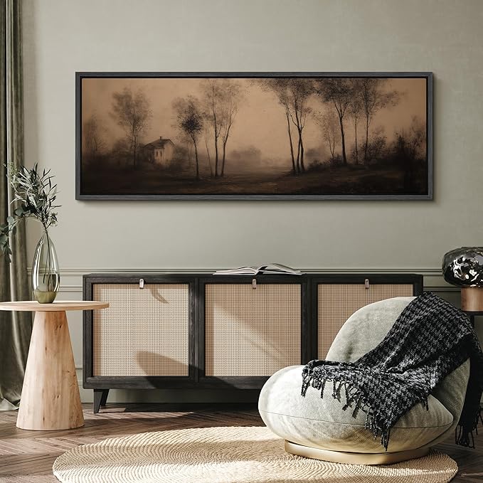 SIGNFORD Large Framed Canvas Print Wall Art Vintage Sepia Countryside Trees and Cottage Illustrations Modern Art Calm Warm for Living Room, Bedroom, Office - 60"x20"