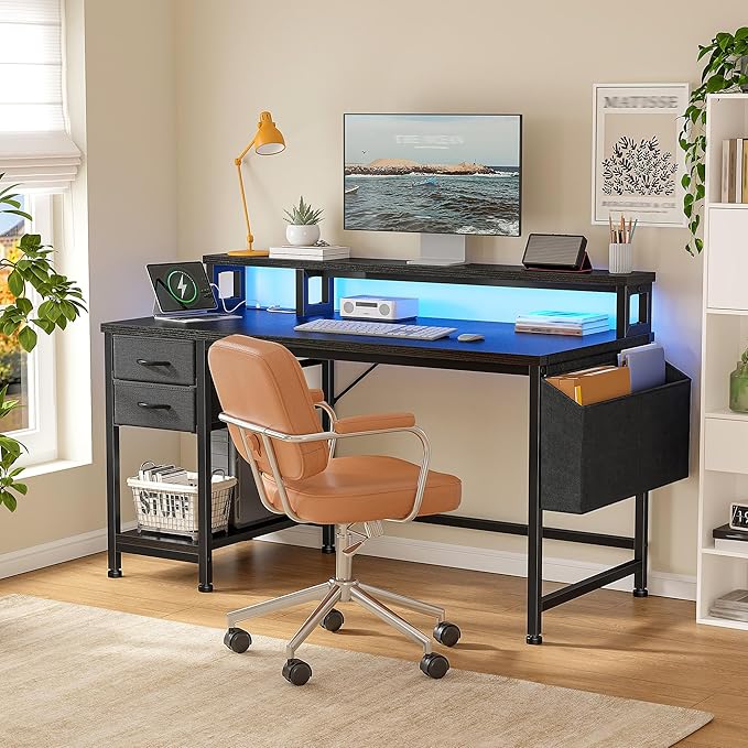 40" Gaming Desk with Drawers&Storage Bag, Computer Desk with Power Outlets and LED Lights, Office Desk with Monitor Stand for Bedroom Gaming Room, Study Work Home Office, Small Spaces, Black