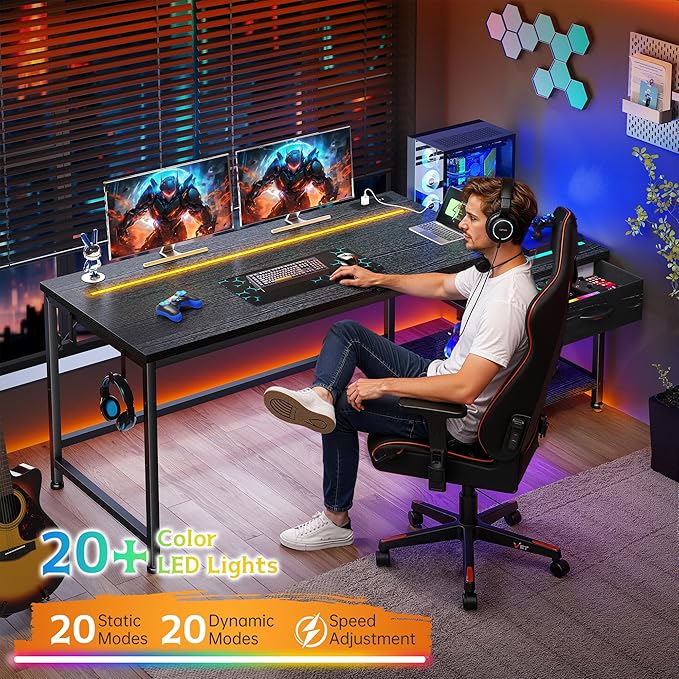 56 Inch Gaming Desk with Drawers and Shelf,Reversible Computer Desk with LED Lights and Power Outlets,Study Table with Hooks for Headphone,Bags,Black Desk Work Desk for Bedroom,Dorm